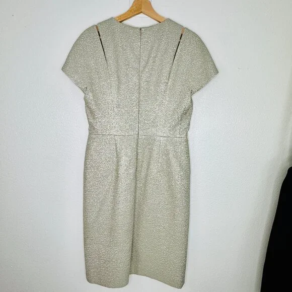ESCADA Jacquard Metallic Sheath Dress Light Sand Shoulder Details SZ 40 /US 10 - Picture 6 of 14